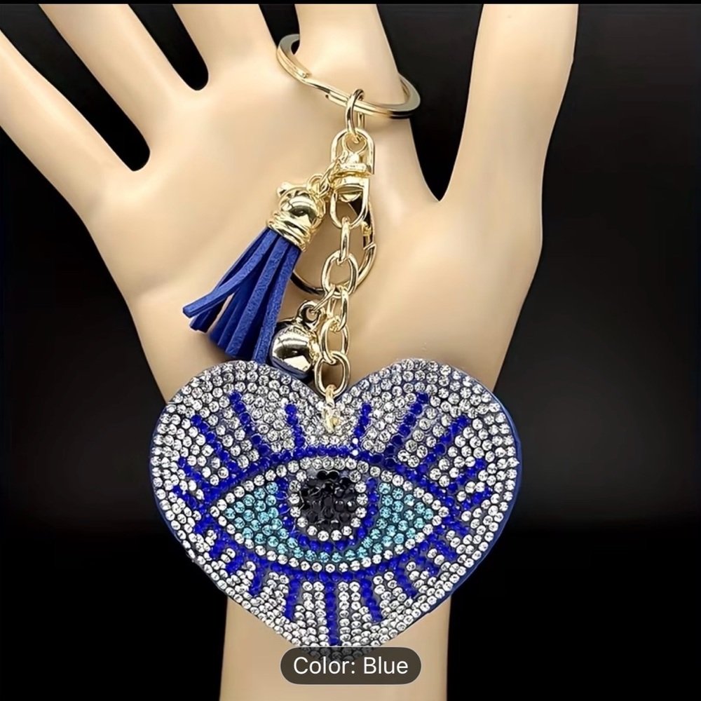 Blue/silver rhinestone Evil Eye Heart Keychain - Picture 3 of 4